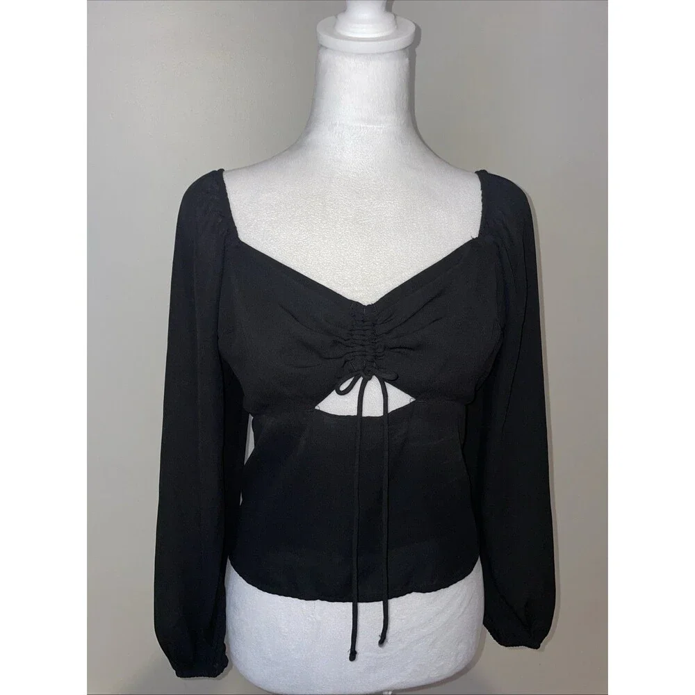 Abercrombie & Fitch M Black Smocked Top Puff Sleeve Ruched Tie Front Crop Blouse